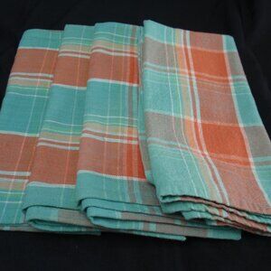 Genuine Fiesta Set of Four Orange and Turquoise Plaid Napkins w/Original Labels